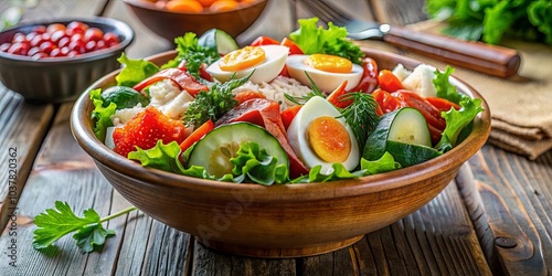 A Vibrant Medley of Fresh Vegetables and Boiled Eggs in a Rustic Wooden Bowl, A Feast for the Senses