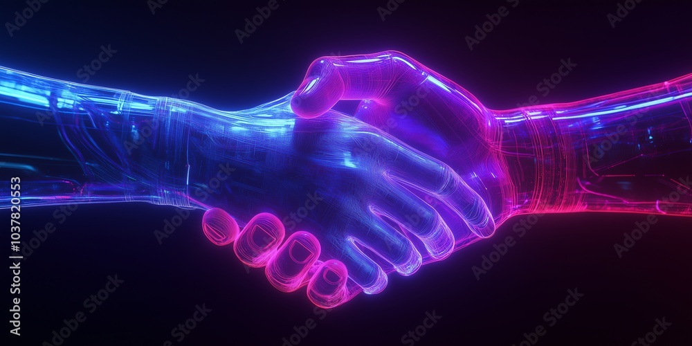 Loose handshake rendered in glowing lines, symbolizing politeness and friendliness, with a high-resolution, futuristic design in a blue and purple olor palette. Loose handshake rendered in glowing lines, symbolizing politeness and friendliness, with a high-resolution, futuristic design in a blue and purple olor palette.