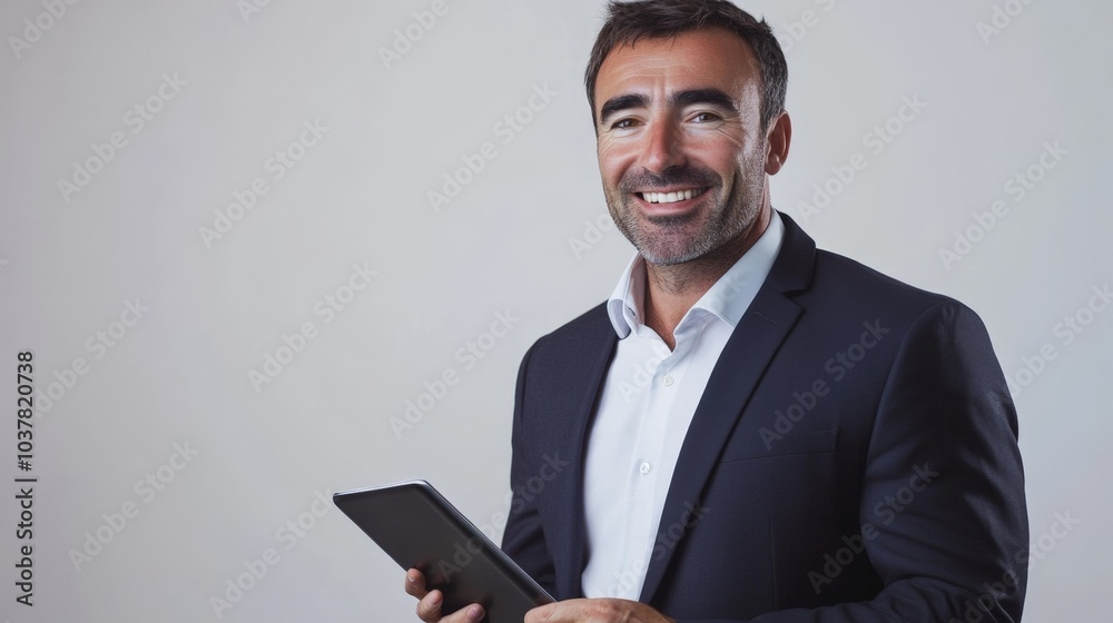 Confident Businessman in Navy Suit with Tablet Confident Businessman in Navy Suit with Tablet