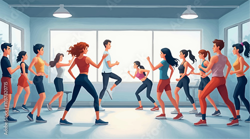 Energize Your Workout: High-Intensity Fitness Class, a fitness class in a modern gym, a group of people participating in a high-energy workout.