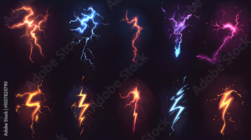 Cartoon Lightning Animation Showing Electric Strikes and Thunderbolts for Game Assets  -
