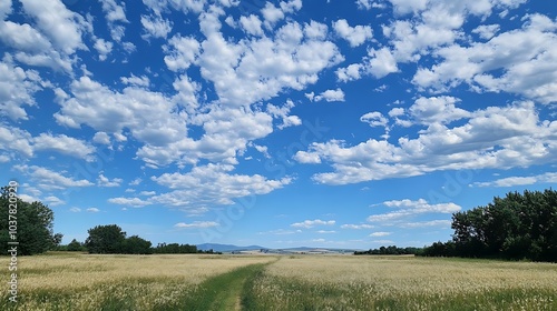 A clear, calm sky at midday with a few white clouds, perfect for a summer dayâ€™s backdrop