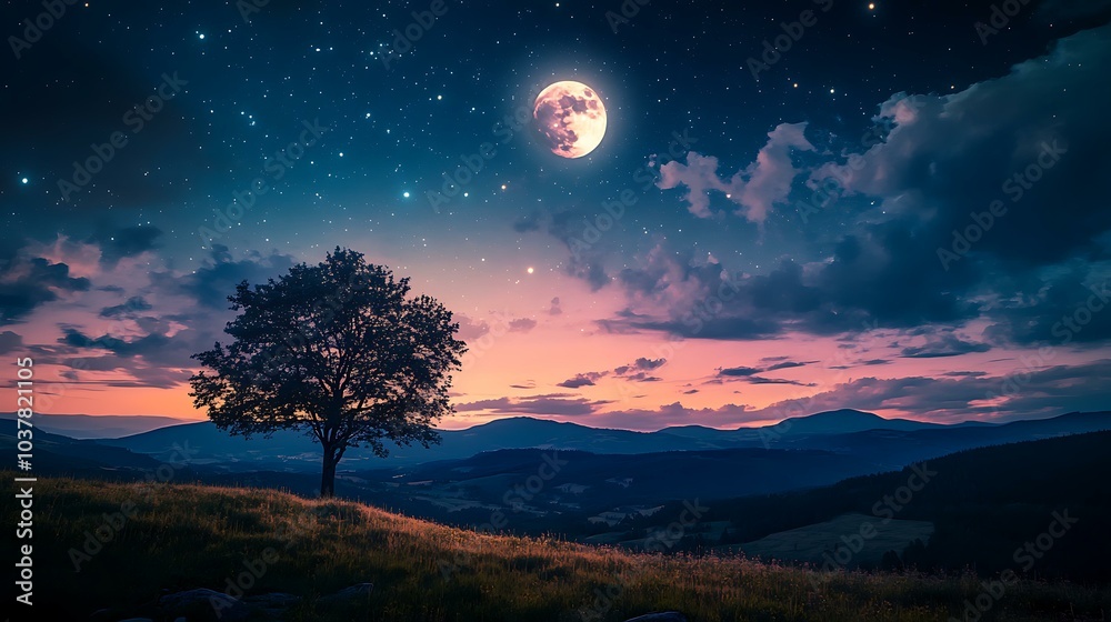 A moonlit sky over a quiet landscape, with stars twinkling and the moon casting a soft glow