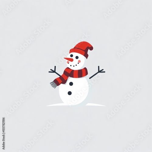 Cheerful snowman wearing a red scarf and hat, standing with outstretched arms in a winter landscape photo