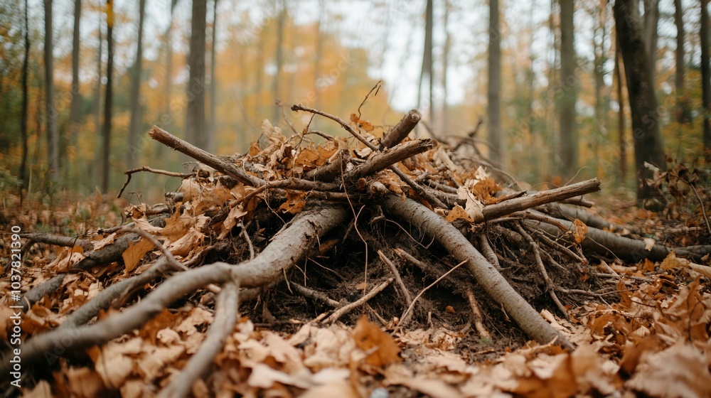 A pile of branches and leaves in a serene autumn forest setting. A pile of branches and leaves in a serene autumn forest setting.