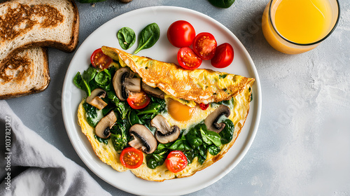 Healthy omelet with spinach mushrooms and tomatoes on white plate with whole grain toast and orange juice
