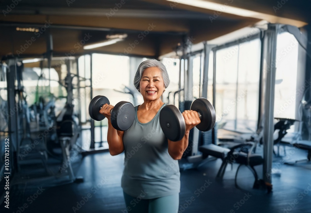 A woman lifts weights in a gym. She is smiling and looking at the camera. A woman lifts weights in a gym. She is smiling and looking at the camera.
