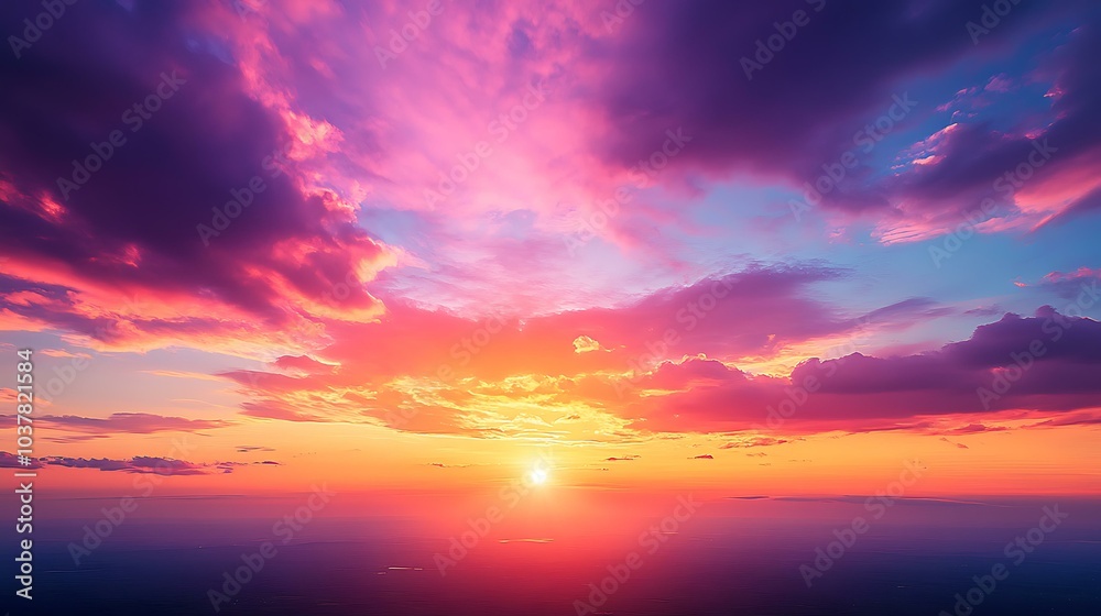 A stunning sunset with vibrant orange, pink, and purple hues filling the sky above a calm horizon A stunning sunset with vibrant orange, pink, and purple hues filling the sky above a calm horizon