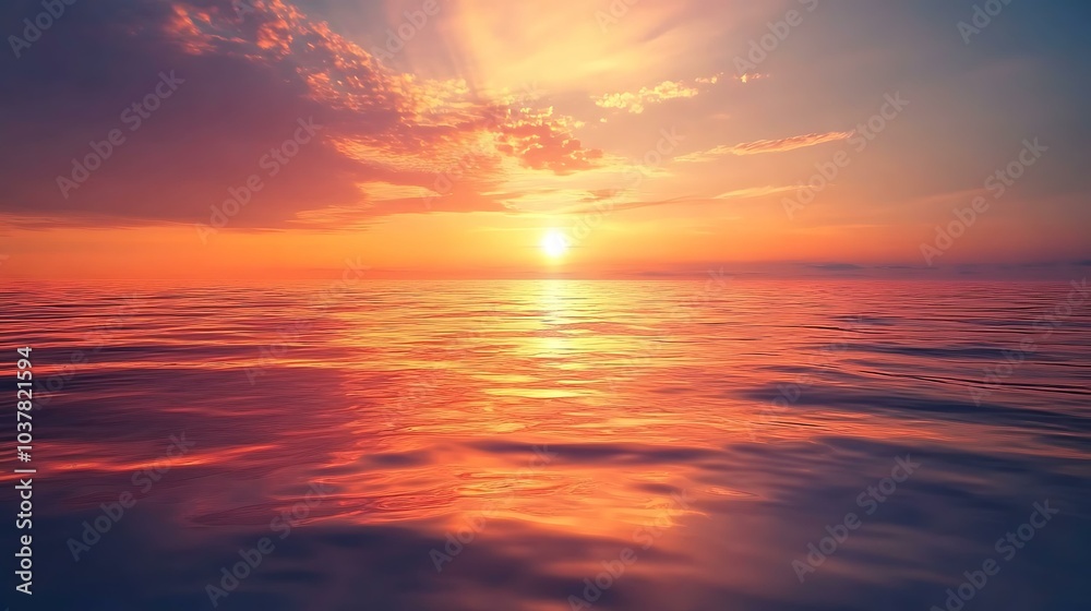 A sunset over the ocean, with the sky painted in orange and pink tones reflecting off the water