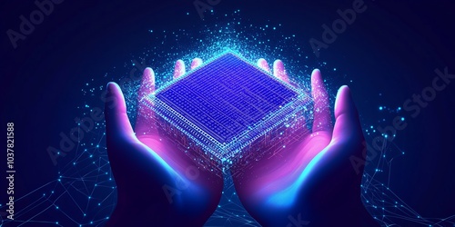 Digital hands holding a 3D semiconductor AI chip hologram, rendered in high resolution with glowing lines and a futuristic blue and purple color cheme on a dark tech background. photo