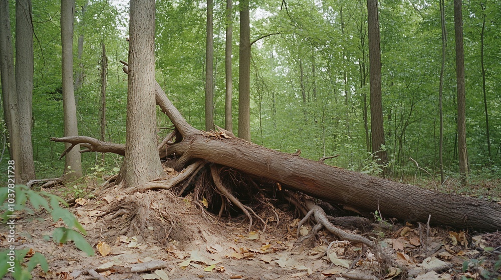 A fallen tree with exposed roots in a lush green forest setting. A fallen tree with exposed roots in a lush green forest setting.