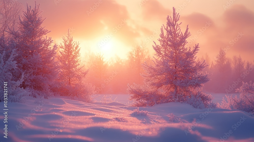 Serene winter landscape with snow-covered trees at sunrise. Serene winter landscape with snow-covered trees at sunrise.