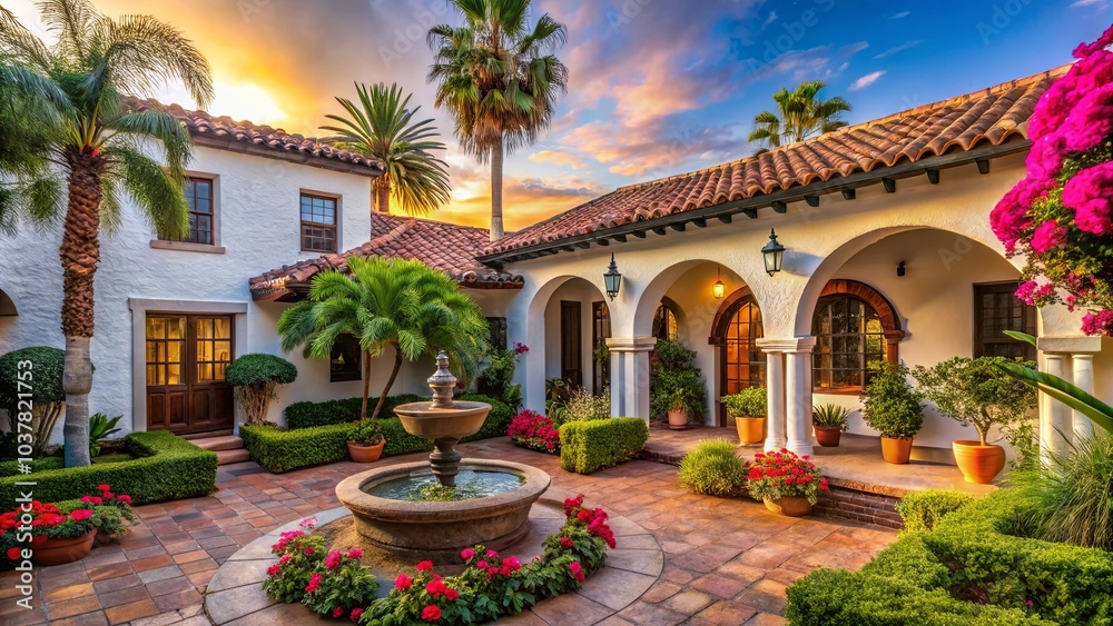 Fototapeta premium A white stucco home with a terracotta tiled roof and an arched entryway opens to a courtyard with a fountain, lush greenery, and vibrant blooms.