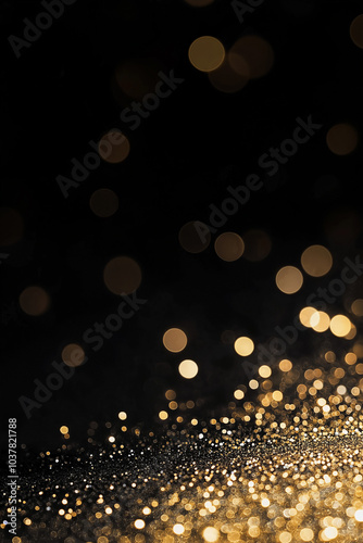  Abstract dark background with sparkling golden bokeh lights and glitter dust particles, banner. AI generation.