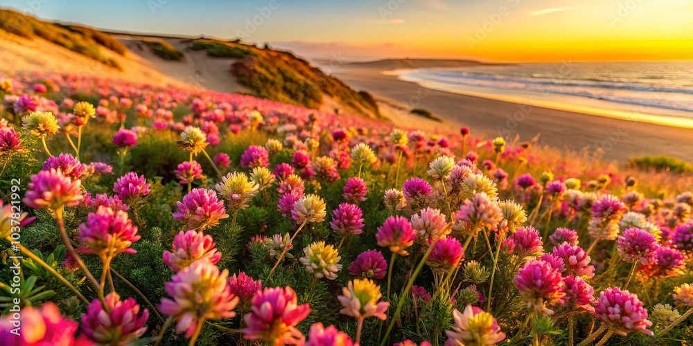 Fototapeta premium A delicate field of pink and white wildflowers basking in the golden glow of a setting sun, their petals glistening with dew, capturing the serenity of nature's beauty.