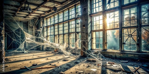 Wallpaper Mural Sunlight streams through the dusty windows of a forgotten room, illuminating intricate webs that hang suspended in the air. Torontodigital.ca