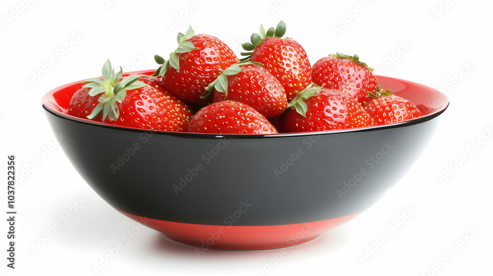 Fresh strawberries in a red and black bowl on a white background, celebrating culinary simplicity - Fresh strawberries in a red and black bowl on a white background, celebrating culinary simplicity -