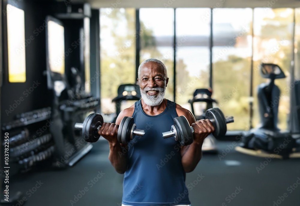A man in a gym setting lifting weights, looking at the camera and smiling. A man in a gym setting lifting weights, looking at the camera and smiling.
