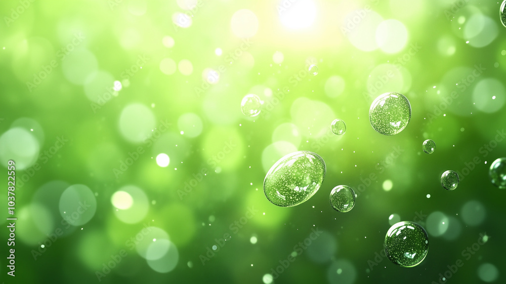 © icehawk33 - Bright green bubbles float gracefully in soft, dreamy background filled with shimmering light. This enchanting scene evokes sense of tranquility and freshness