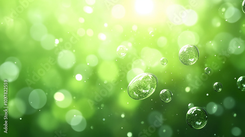 Bright green bubbles float gracefully in soft, dreamy background filled with shimmering light. This enchanting scene evokes sense of tranquility and freshness photo