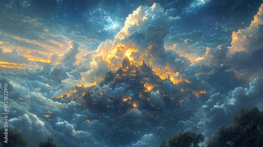 Fototapeta premium Golden Cloud Fortress Illuminated by Glowing Embers in a Majestic Sky at Night. Generative AI