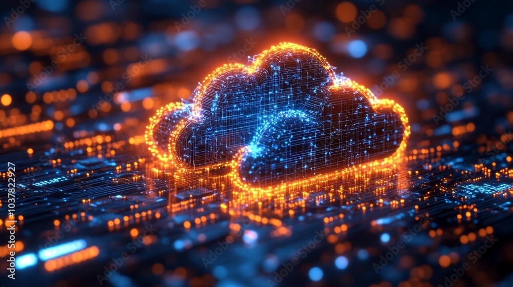 Futuristic glowing cloud icon representing cloud computing and data networks in digital space. Generative AI Futuristic glowing cloud icon representing cloud computing and data networks in digital space. Generative AI