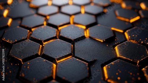 Panel kuchenny z motywem Black hexagonal grid illuminated with golden glowing edges 3D abstract pattern. Generative AI