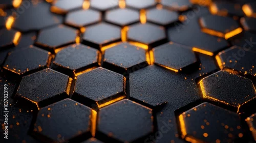 Obraz  z motywem Black hexagonal grid illuminated with golden glowing edges 3D abstract pattern. Generative AI