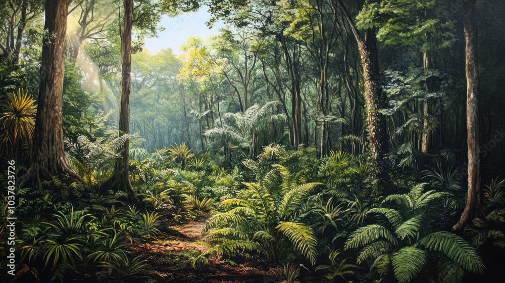 Ancient tropical forest filled with ferns, cycads, and ginkgo trees from the Mesozoic era.