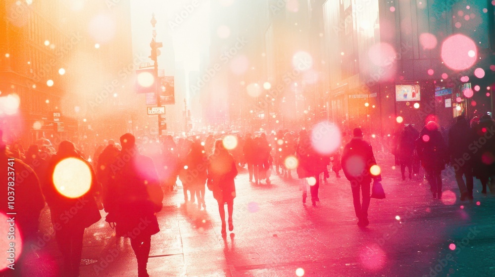 City Street Crowd with Warm Bokeh Lights and Falling Snow City Street Crowd with Warm Bokeh Lights and Falling Snow