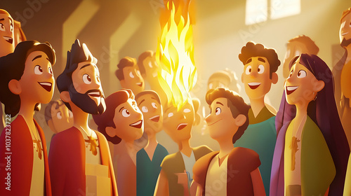 Pentecost 3D Cartoon Illustration of Tongues of Fire Descending on Diverse People, Symbolizing Unity in the Holy Spirit  -