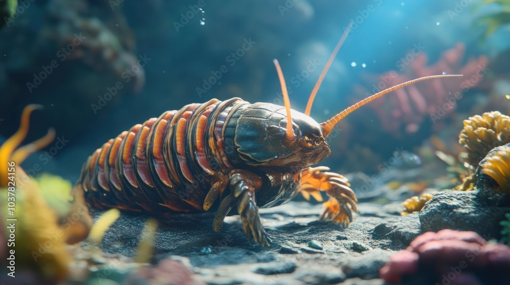 Close-up of a trilobite crawling along the seafloor in a vibrant prehistoric marine ecosystem. Close-up of a trilobite crawling along the seafloor in a vibrant prehistoric marine ecosystem.