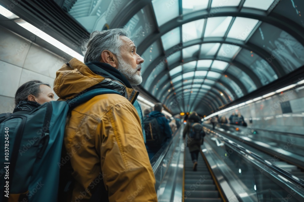 Mature man in yellow jacket with backpack on escalator in subway station Mature man in yellow jacket with backpack on escalator in subway station