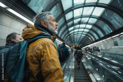 Wallpaper Mural Mature man in yellow jacket with backpack on escalator in subway station Torontodigital.ca