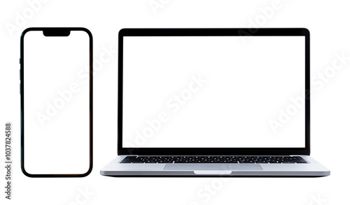 Laptop computer and mobile smartphone with blank screen isolated on transparent background, PNG File