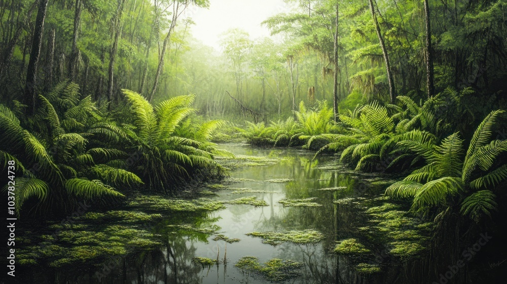 Dense prehistoric swamp filled with giant ferns and horsetails from the Carboniferous period. Dense prehistoric swamp filled with giant ferns and horsetails from the Carboniferous period.