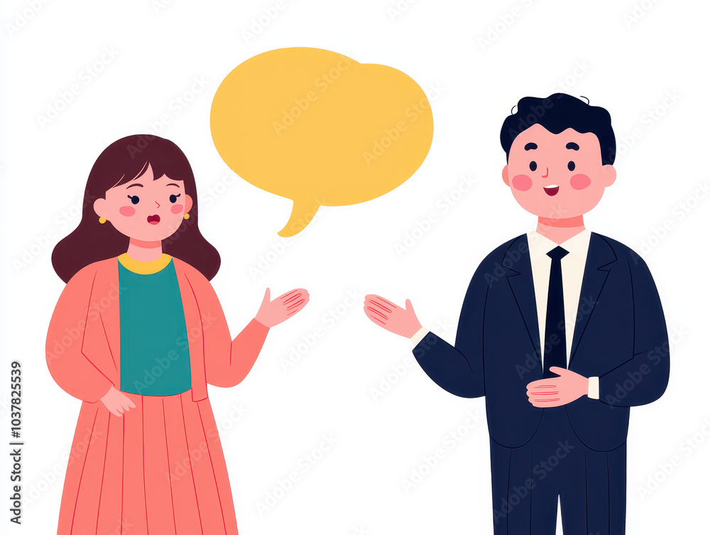 A man and woman engage in conversation with a speech bubble, depicting communication and dialogue in a friendly setting. A man and woman engage in conversation with a speech bubble, depicting communication and dialogue in a friendly setting.