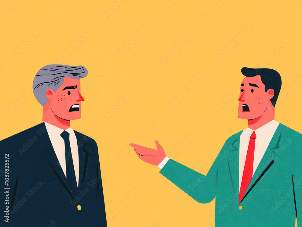 Two men in business attire engaged in a discussion against a vibrant yellow background, expressing differing opinions. Two men in business attire engaged in a discussion against a vibrant yellow background, expressing differing opinions.