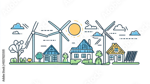 Green energy concept with wind turbines and houses isolated on a white background, a simple flat vector illustration in a line art style.