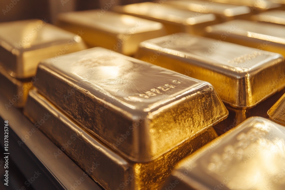 Close-up of shiny gold bars stacked in neat rows, reflecting light in a secure vault with a polished metallic surface Close-up of shiny gold bars stacked in neat rows, reflecting light in a secure vault with a polished metallic surface