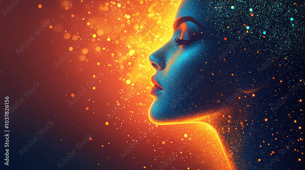 Profile of a beautiful woman made from glowing particles, with an orange and blue gradient background, Profile of a beautiful woman made from glowing particles, with an orange and blue gradient background,