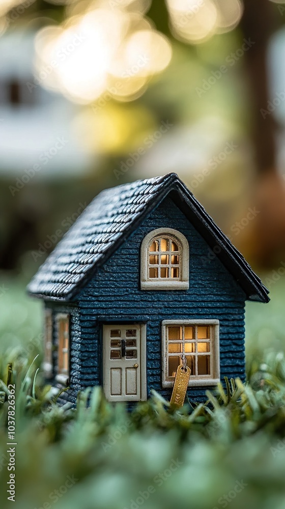 Charming Miniature Blue House with Front Yard Charming Miniature Blue House with Front Yard