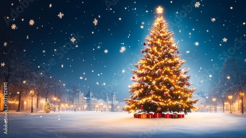 Enchanting snowy Christmas tree in a festive winter scene