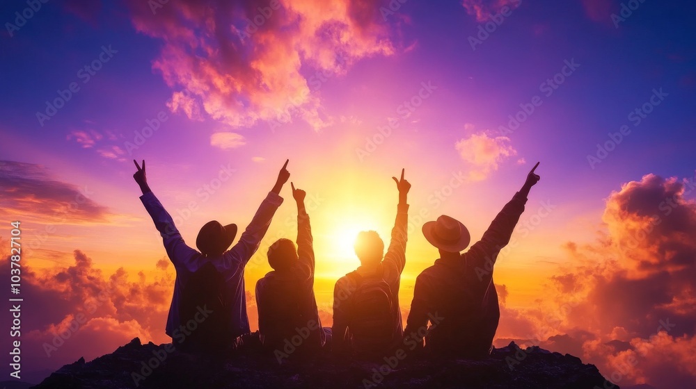 Friends celebrating a sunset on a mountaintop Friends celebrating a sunset on a mountaintop