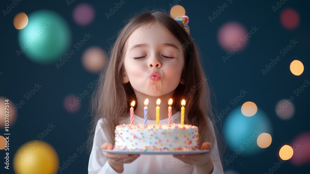 Young girl celebrating her birthday with a cake and candles Young girl celebrating her birthday with a cake and candles