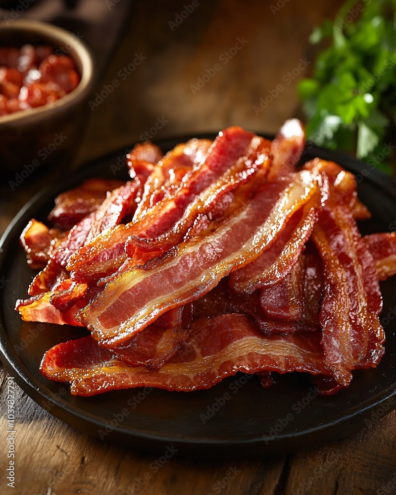 Crispy Cooked Bacon on Dark Plate with Herbs Crispy Cooked Bacon on Dark Plate with Herbs