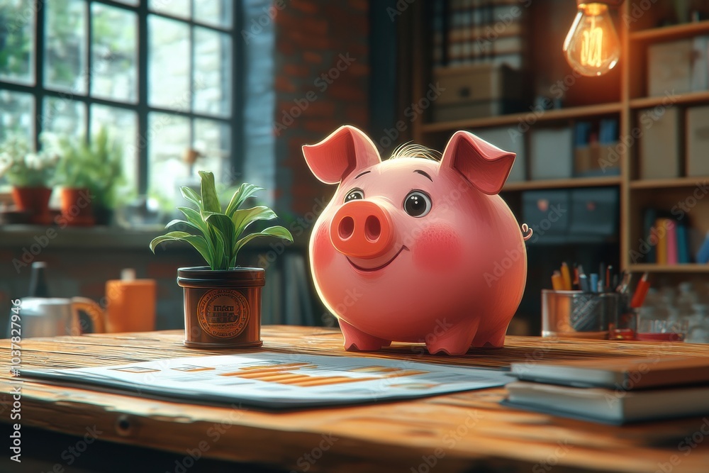 Adorable Pink Piggy Bank in Cozy Office Setting with Indoor Plant Adorable Pink Piggy Bank in Cozy Office Setting with Indoor Plant
