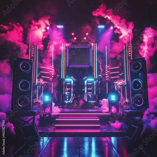 Palco de show futurista, preparado para um evento musical com caixas de som, fumaça e luzes neon