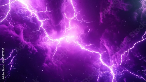 Dynamic 3D rendering of purple lightning in a deep space background with dark galaxy elements. The scene captures intense thunder and glowing purple light within an abstract nebula, creating an otherw