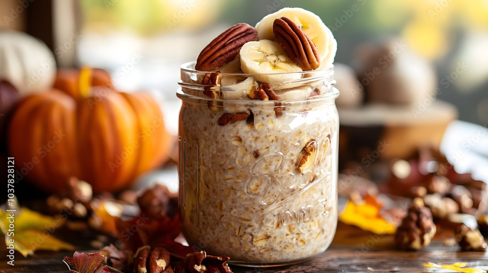 Overnight oats in a mason jar, featuring rolled oats, maple syrup, and toasted pecans, topped with banana slices. Set against a backdrop of autumn themed decor Overnight oats in a mason jar, featuring rolled oats, maple syrup, and toasted pecans, topped with banana slices. Set against a backdrop of autumn themed decor